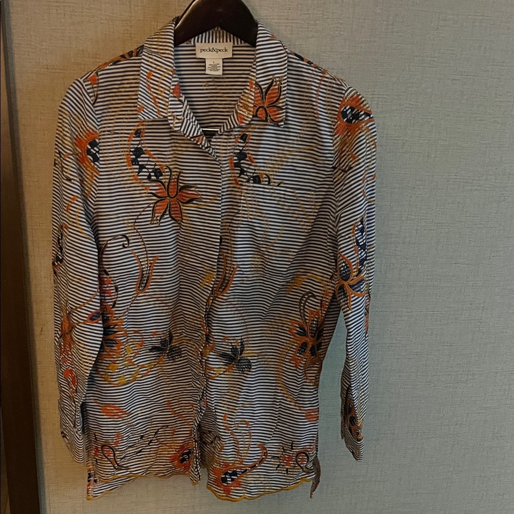 Peck & Peck Floral Striped Blouse - Blue , White, Orange